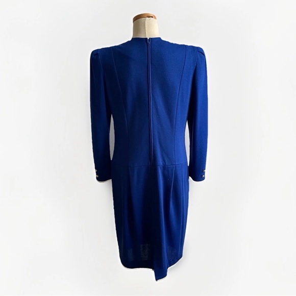 Vintage 80s David Warren Blue Knit Dress Midi Wool Gold Buttons Money ILGWU 10 P - Picture 2 of 10